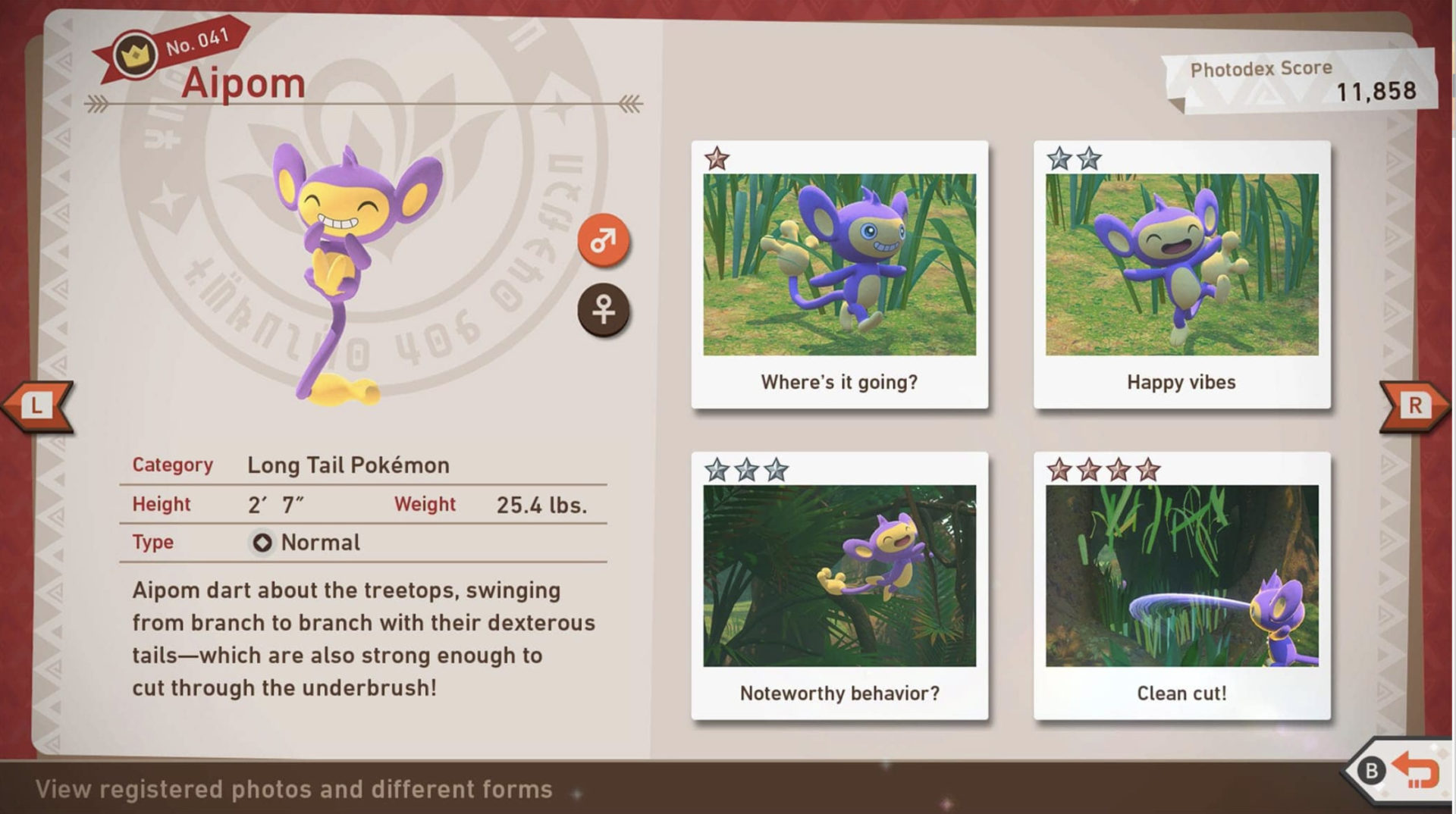 Screenshot des neuen Pokemon Snap Aipom Dex-Eintrags.