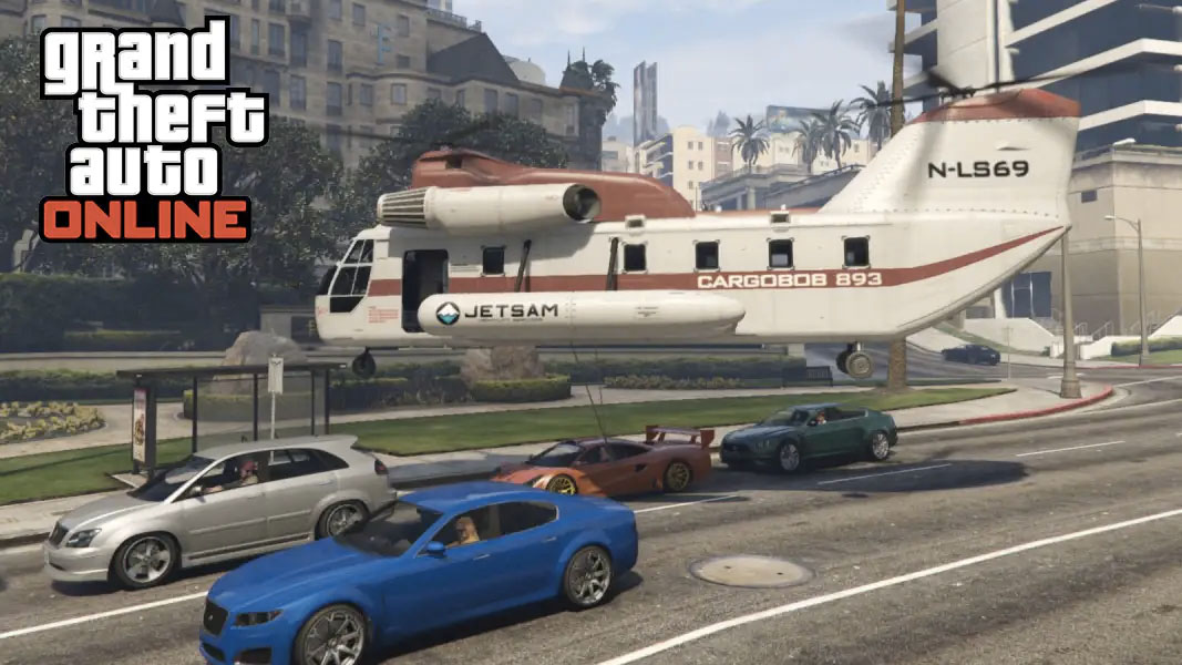 Ein Cargobob-Hubschrauber, der ein Auto in GTA Online anhebt