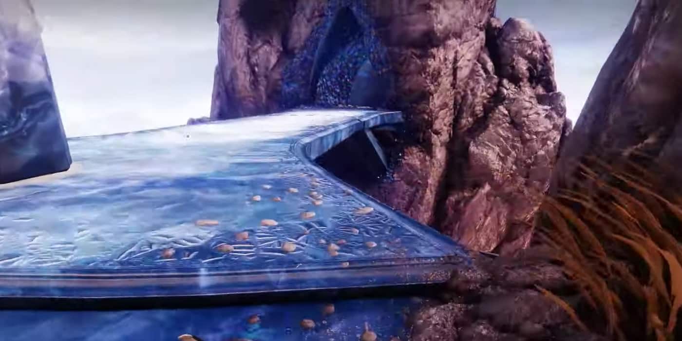 eine blaue Brücke führt zu einem lilafarbenen Weg.  Hier würde ein Spieler nach unten springen, um die schwimmenden Inseln zu erreichen.