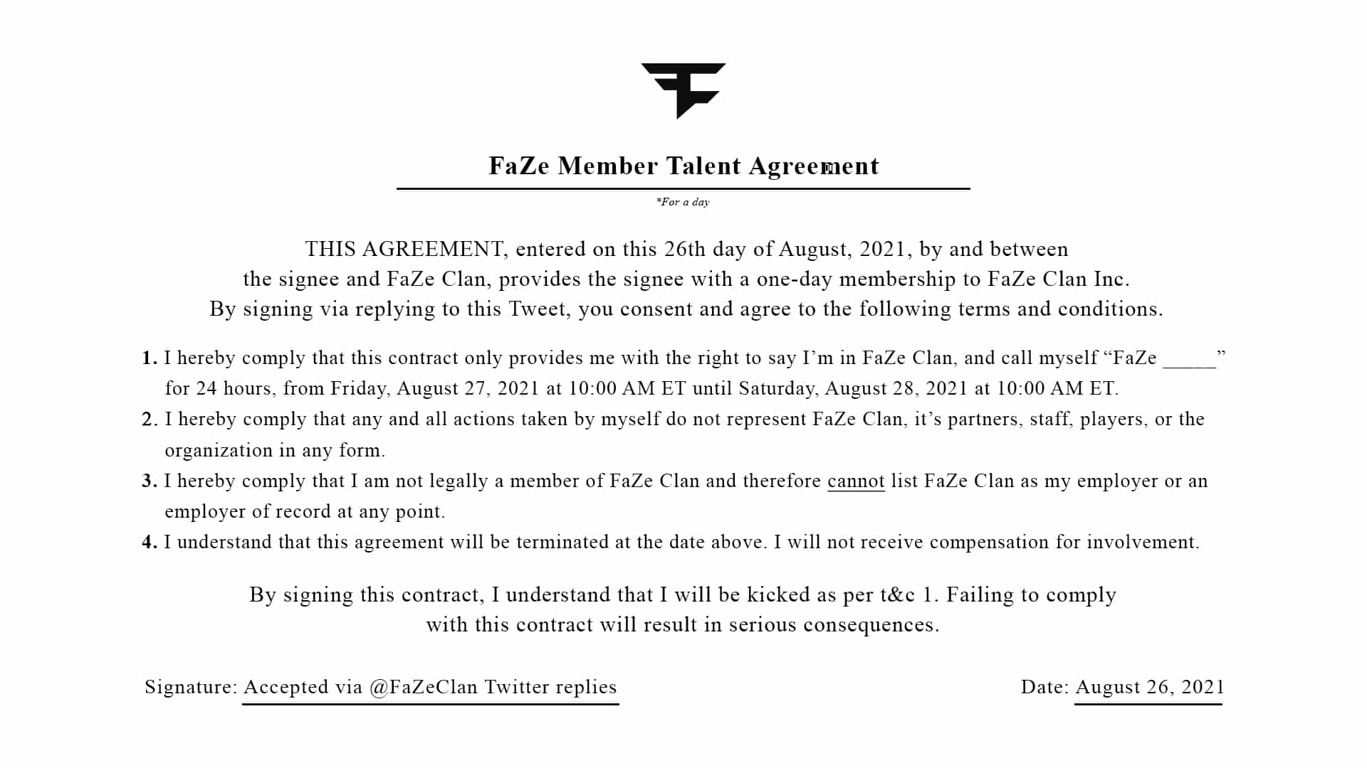 Allgemeine Geschäftsbedingungen für die eintägige Unterzeichnung des FaZe-Clans