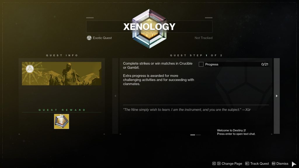 Destiny 2 Xenology Quest-Bildschirm