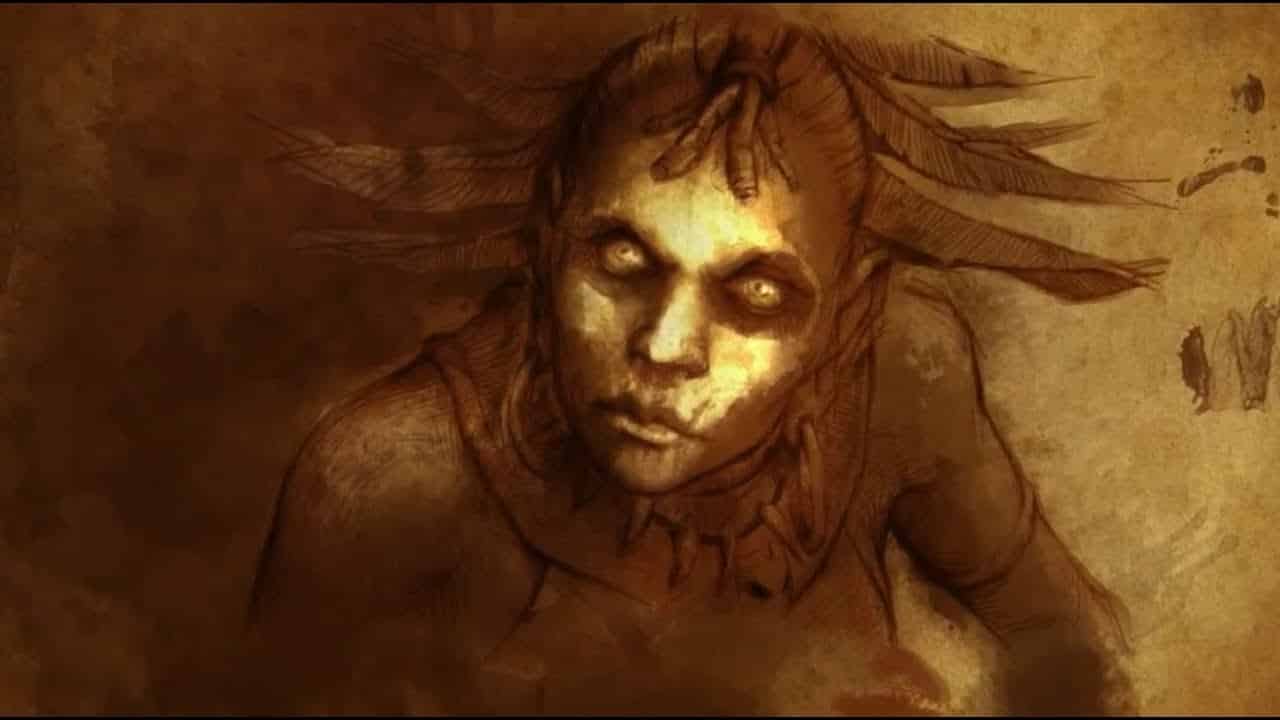 Diablo 3 Zeichnung eines kahlköpfigen Hexendoktors, der in die Kamera schaut