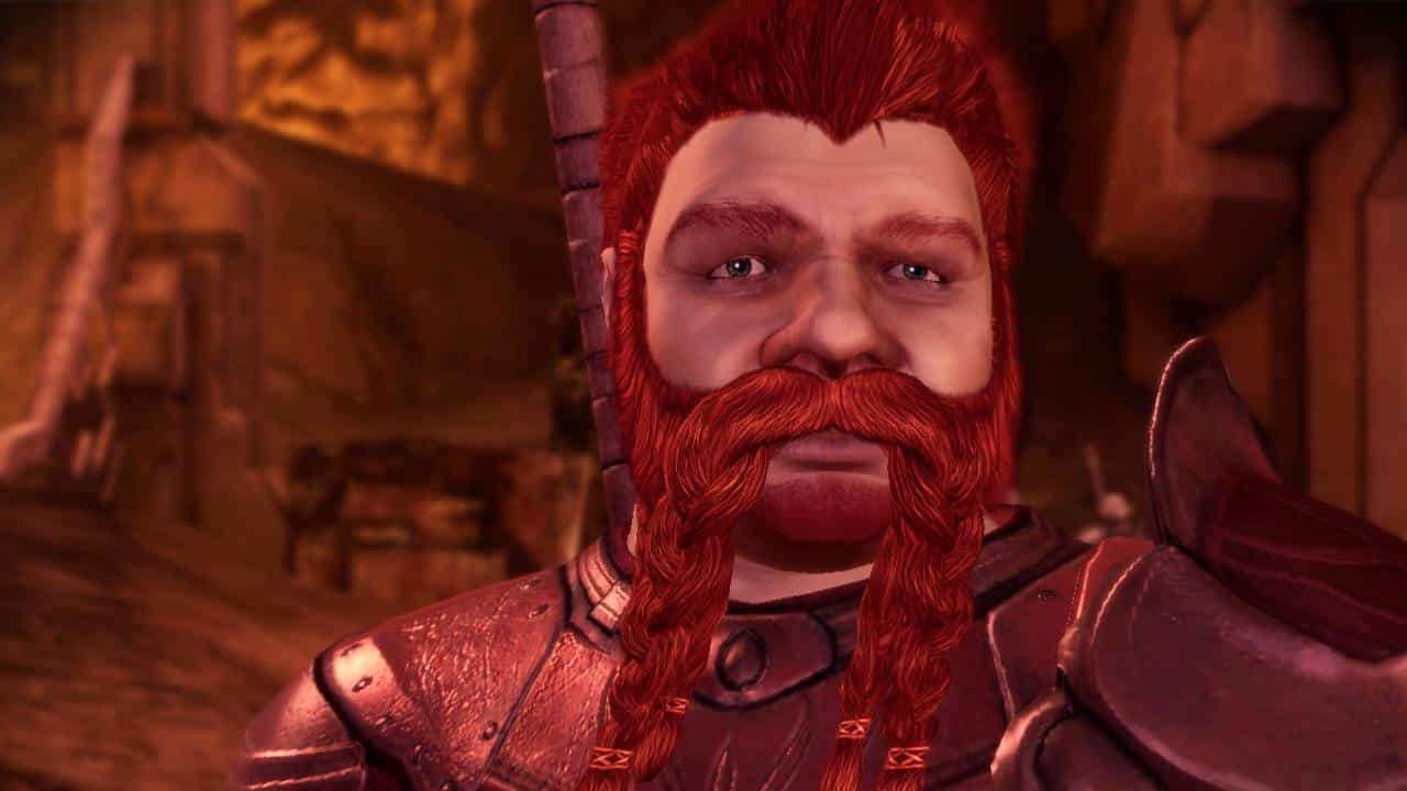 Dragon Age Origins ginger bearded warrior dwarf looks into camera