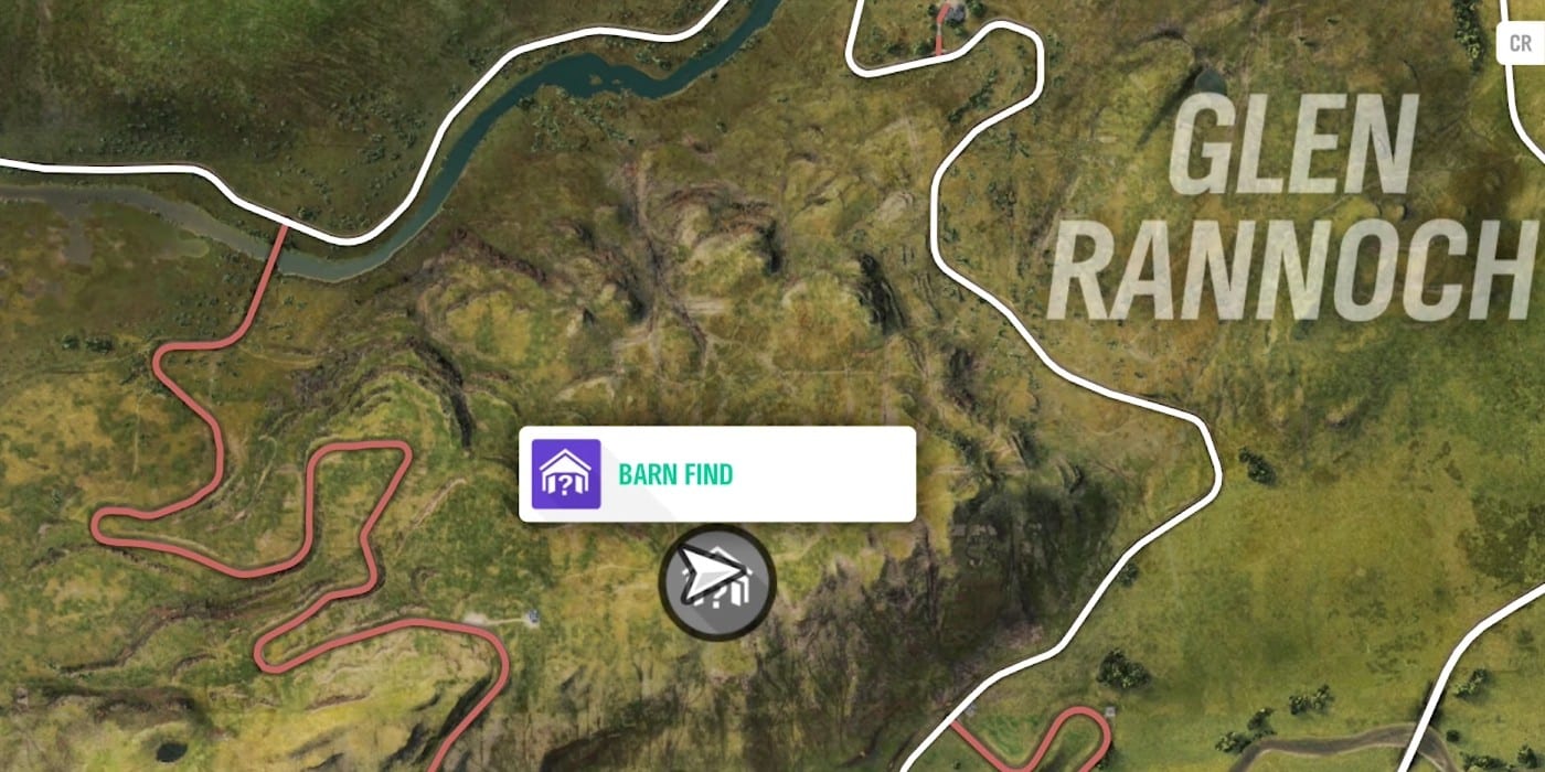 Das Kartensymbol der Scheunensuche in Forza Horizon 4 ist eine offene Scheune mit einem Fragezeichen im Inneren