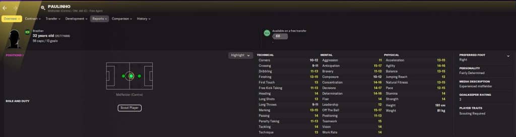 Paulinho Football Manager 2022 Screenshot