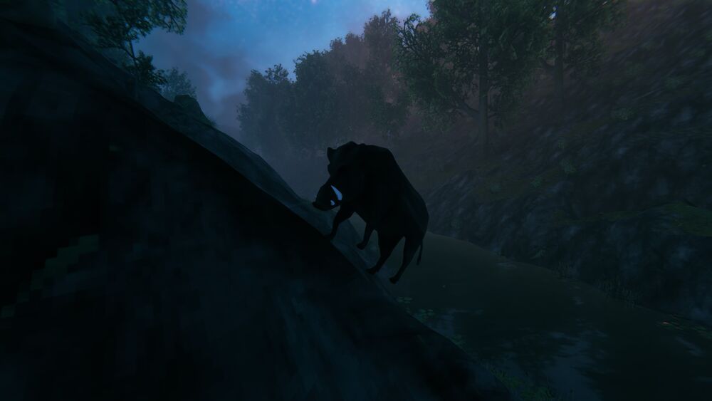 Valheimer Wildschwein wandert in der Dunkelheit den Berg hinauf