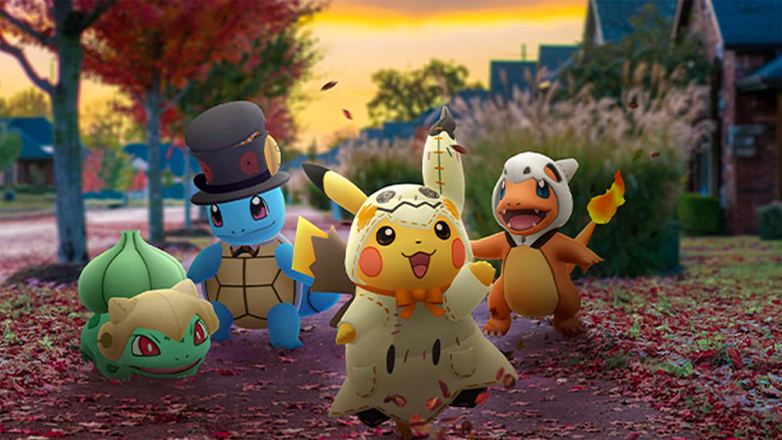 Bisasam, Squirtle, Pikachu und Charmander tragen Halloween-Kostüme in Pokemon Go