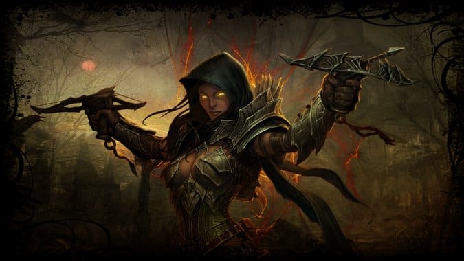 Diablo 3 Frau in einer Kapuze schwingt zwei Armbrüste