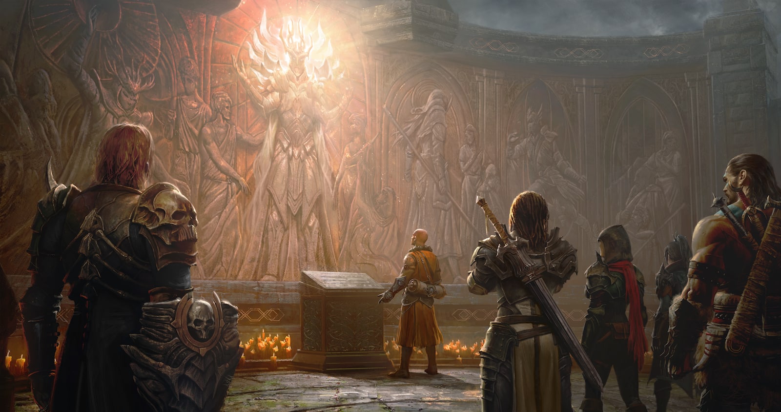 Diablo Immortal-Charaktere stehen vor einem Altar mit einer Schnitzerei dahinter
