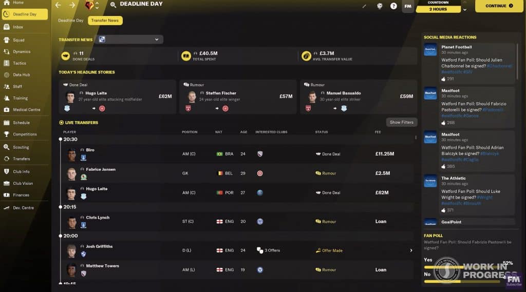 Screenshot von Football Manager 2022, der den Tag der Abgabefrist zeigt