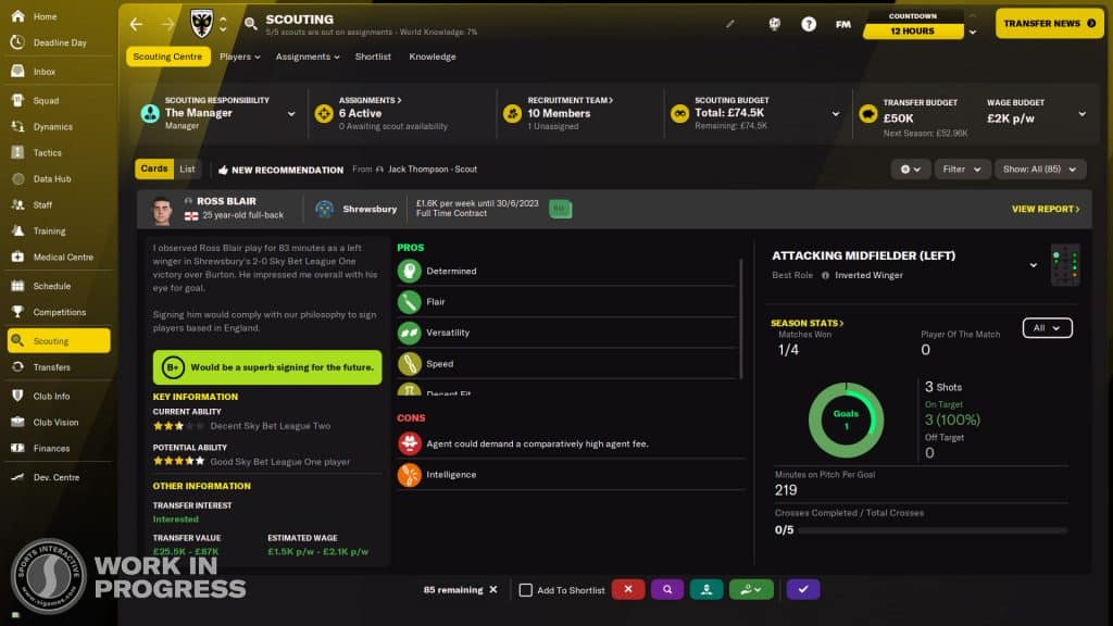 Screenshot des Scouting-Berichts von Football Manager 2022
