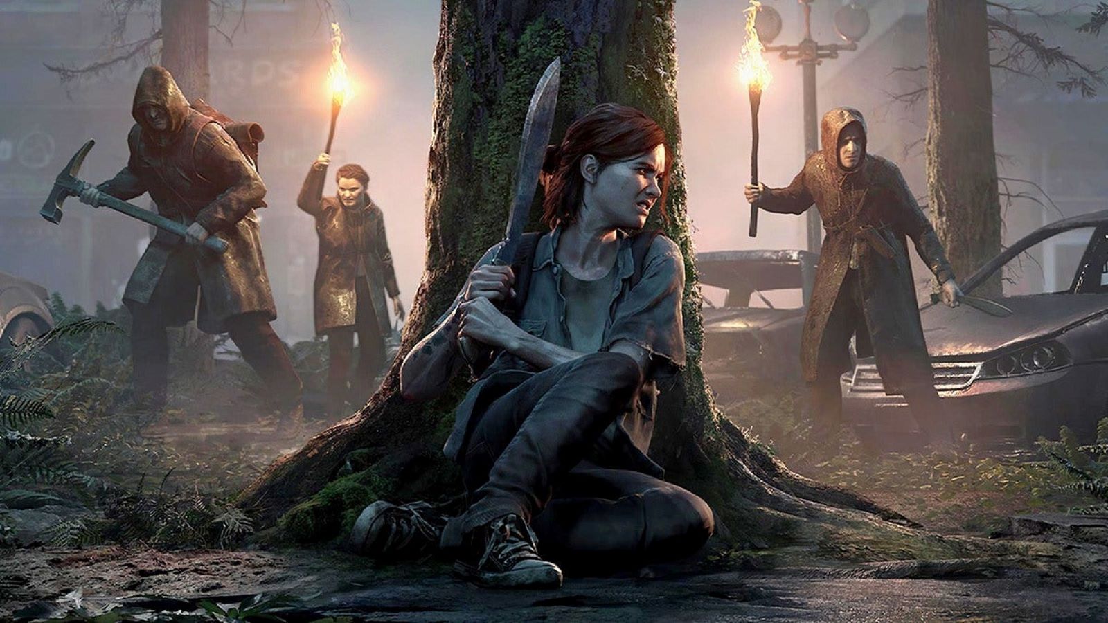 Das Bild von The Last of Us Teil 2 zeigt Ellie, die sich hinter einem Baum versteckt