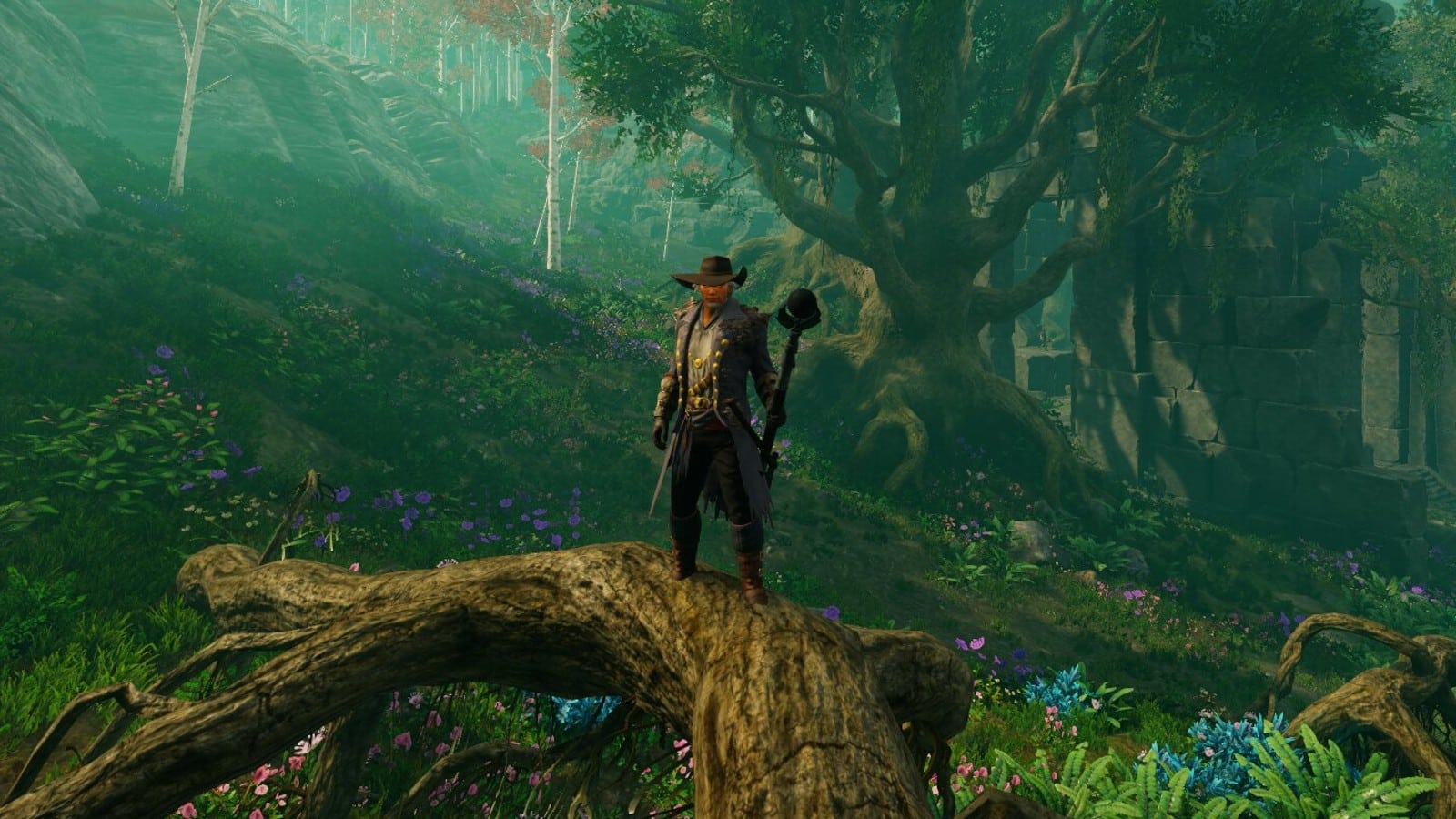 New World-Charakter steht auf Baum