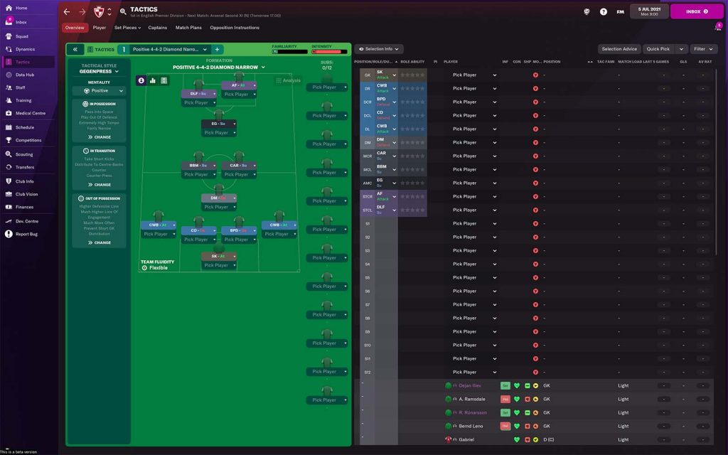 Screenshot des Fußballmanagers 2022, der eine Formation zeigt