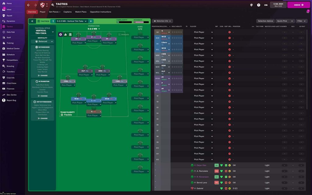 Screenshot des Fußballmanagers 2022, der eine Formation zeigt