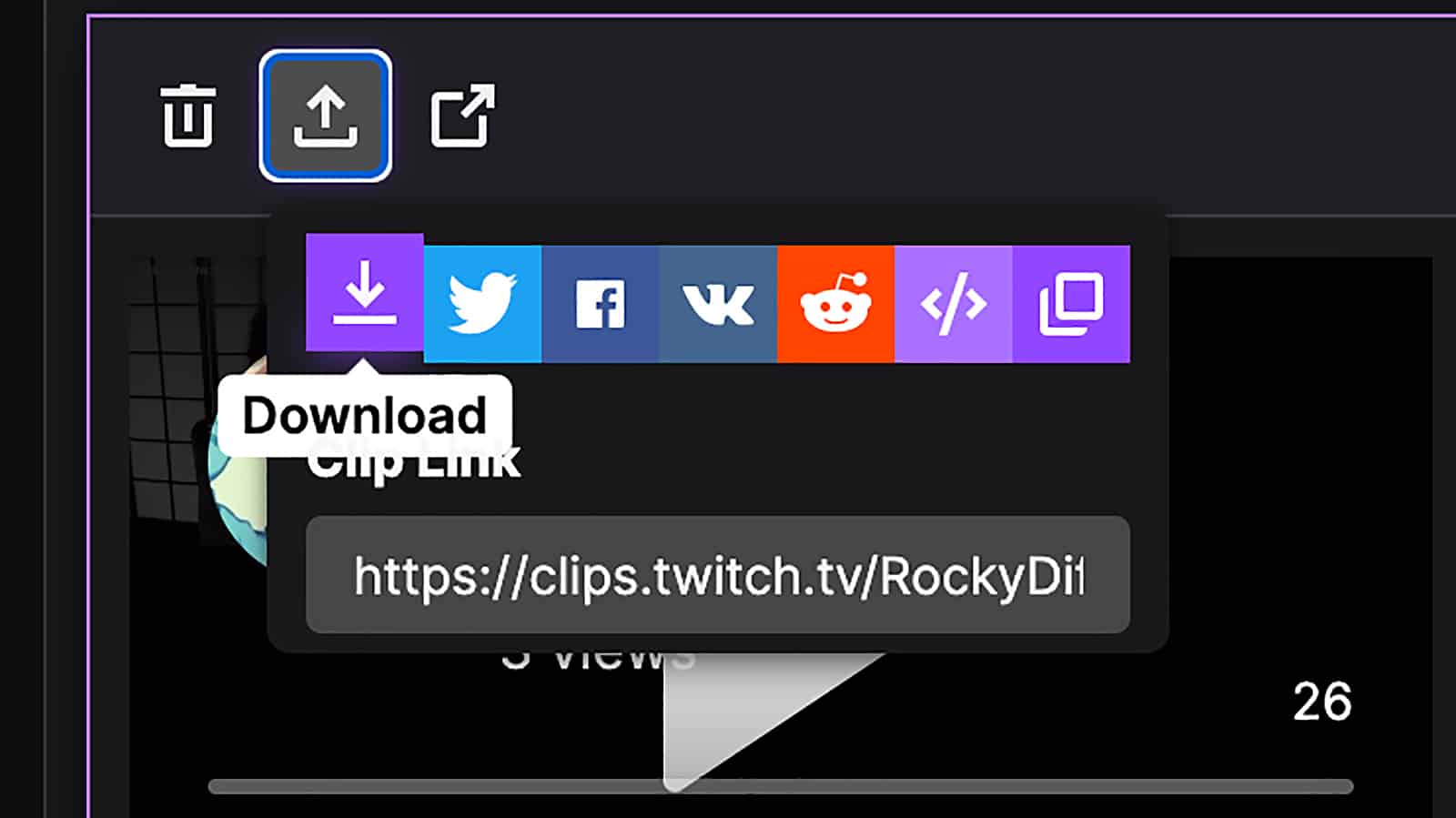 Ein Screenshot, der zeigt, wie man einen Clip auf Twitch speichert und herunterlädt