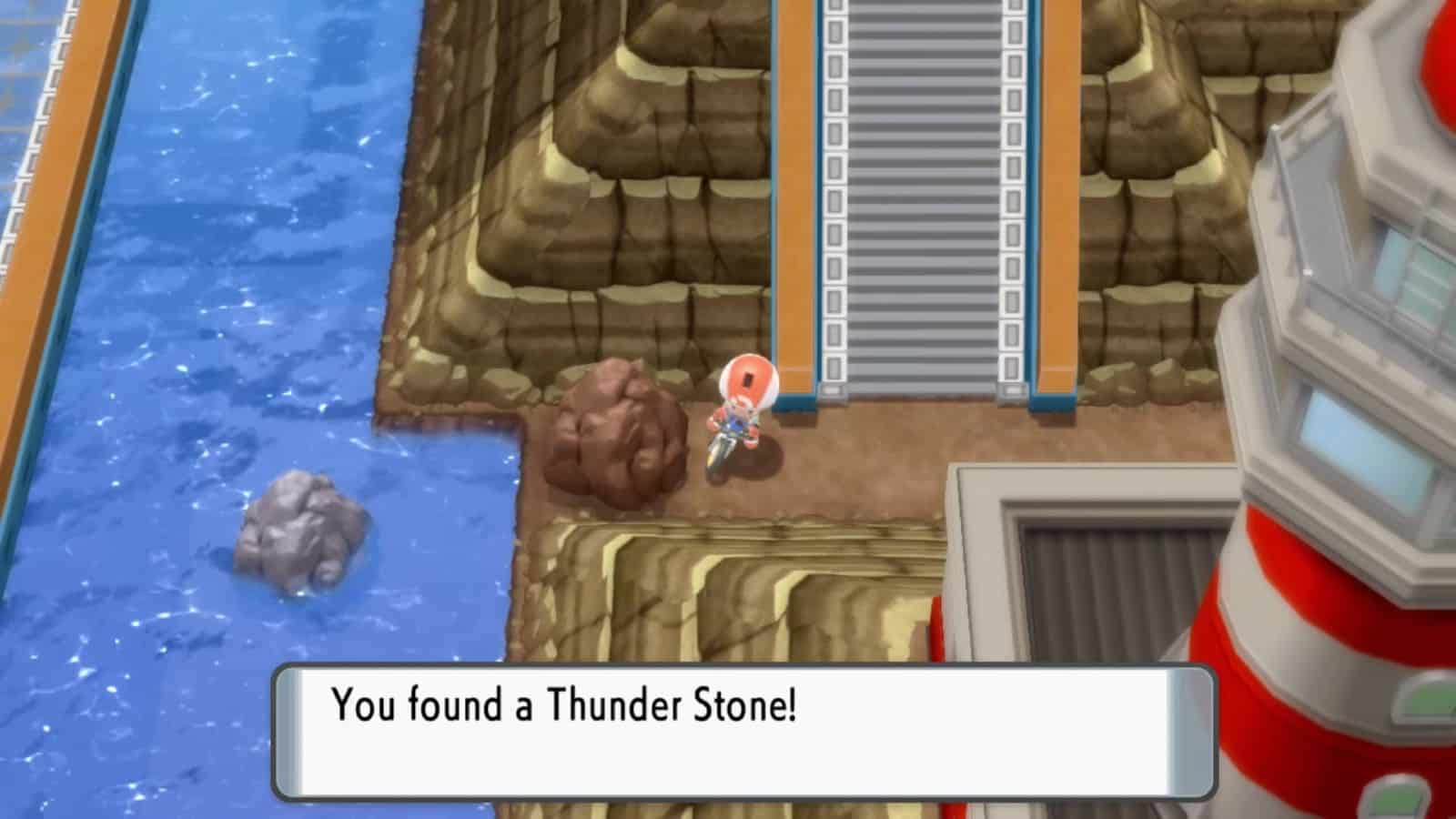 Der Donnerstein versteckt sich auf einem kleinen Felsvorsprung von Iron Island in Pokémon Diamant und Perle