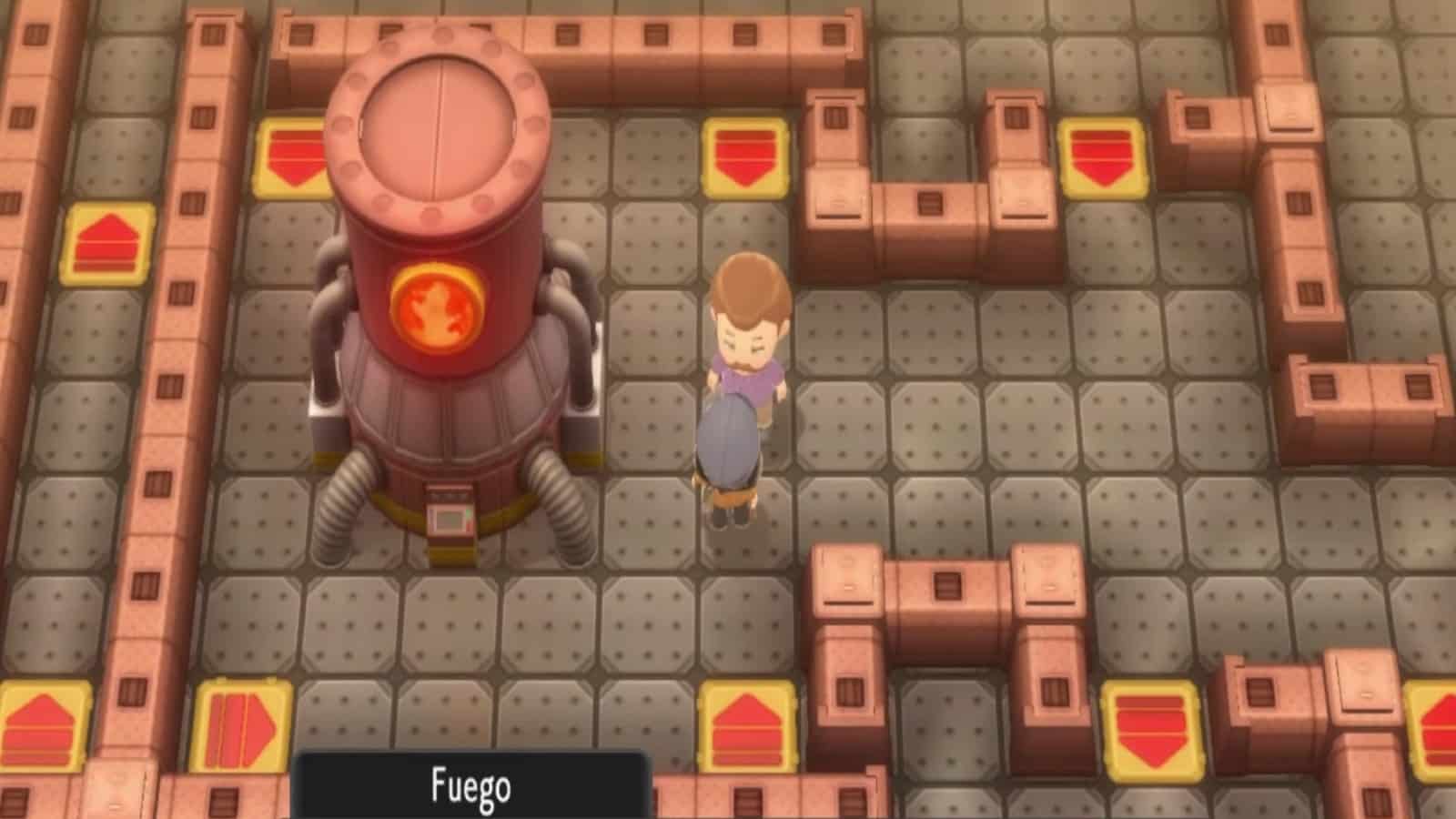 Trainer holt einen Feuerstein von Fuego in der Eisenhütte von Pokémon Strahlender Diamant & Leuchtende Perle