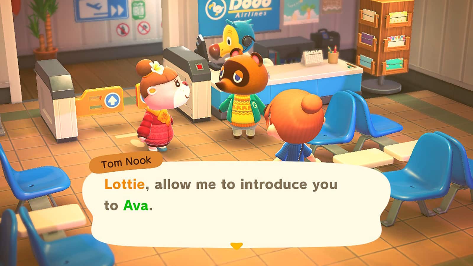 Lottie und Tom Nook auf dem Flughafen der Spielerinsel, um den Happy Home Paradise DLC zu starten