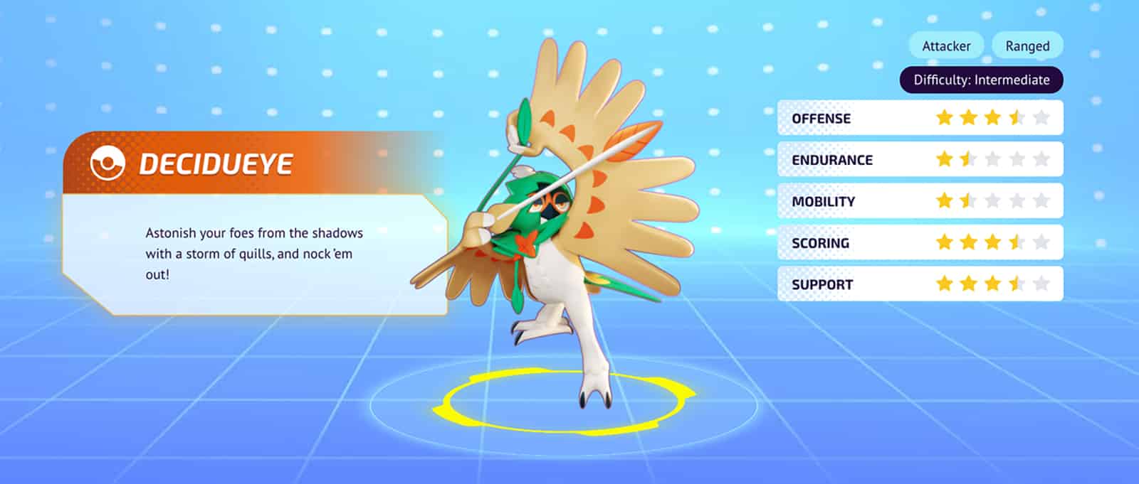 Decidueye auf dem Charakterauswahlbildschirm in Pokemon Unite