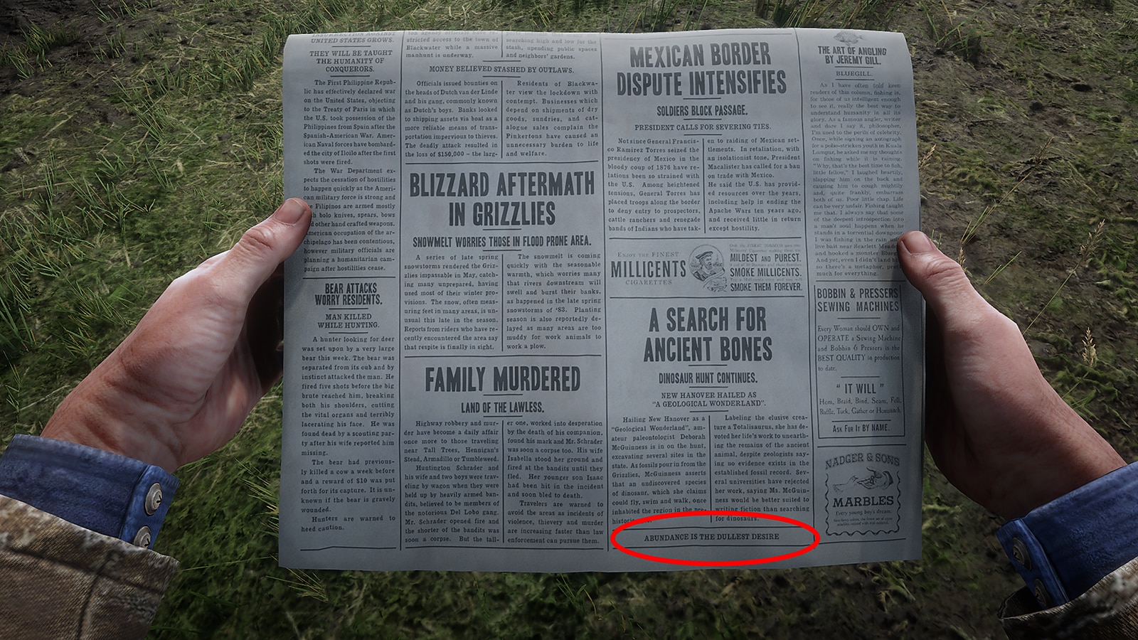 Ein Screenshot, der eine Zeitung zeigt, die von Arthur in RDR2 gekauft werden kann, mit einem Cheat, der durch ein rotes Oval umrandet ist