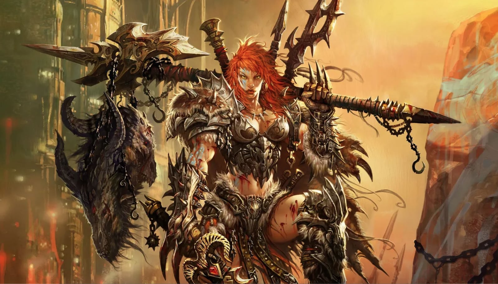 Diablo 3 Kriegerin mit roten Haaren starrt mit einer großen Axt in die Kamera