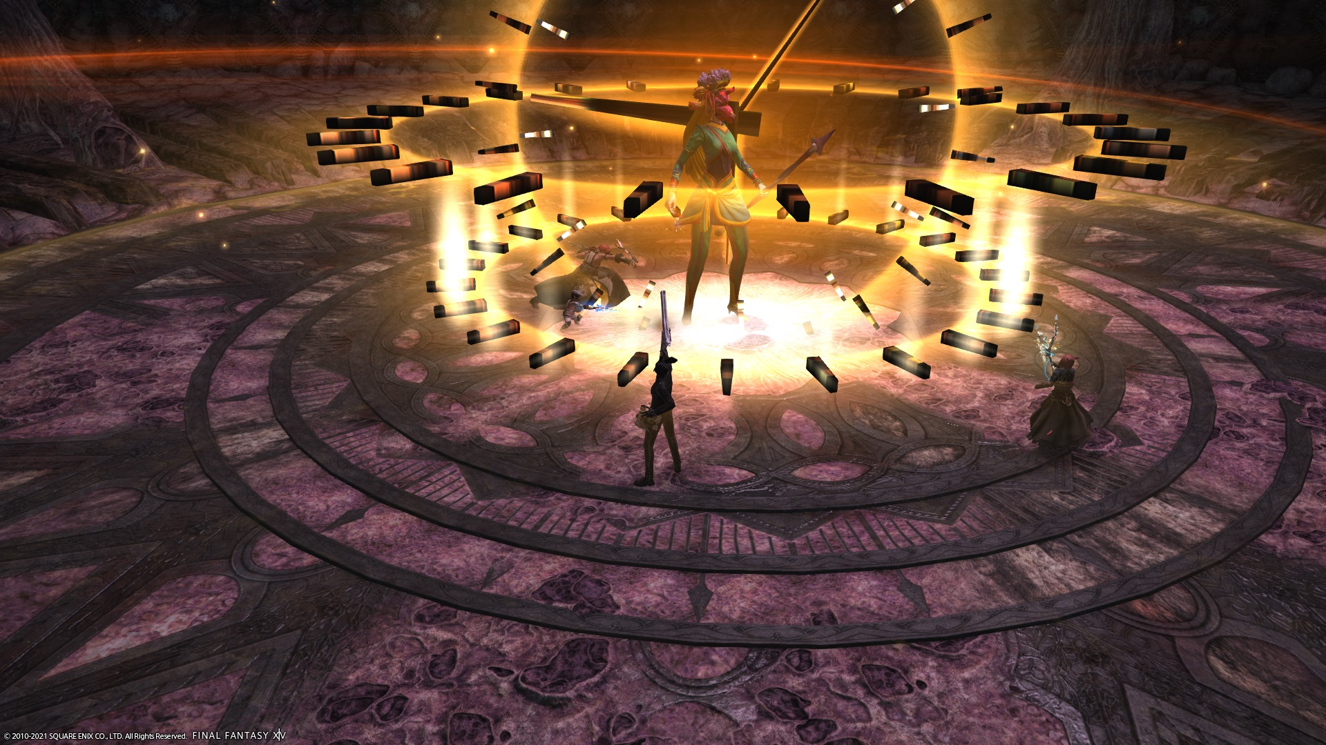 Final Fantasy 14 Endwalker-Screenshot, der einen Bosskampf zeigt