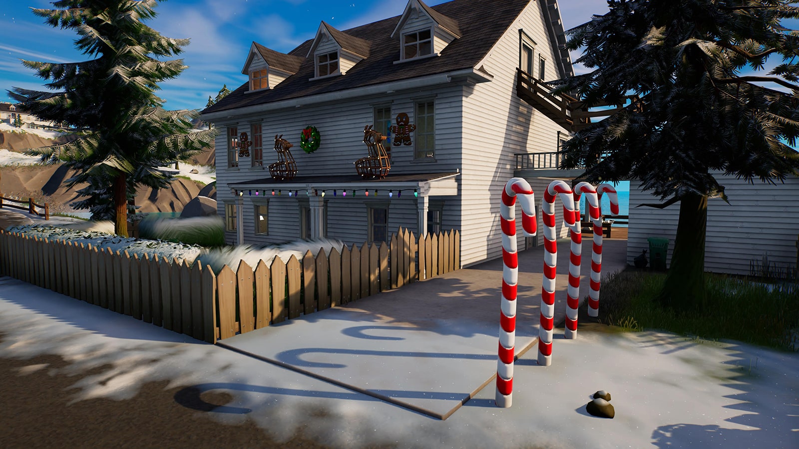 Weihnachtsschmuck vor einem Haus in Fortnite