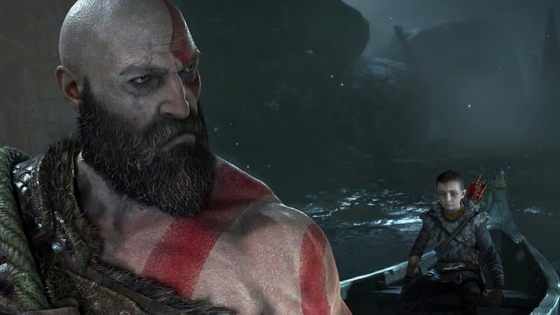 Kriegsgott Kratos und Atreus auf einem Boot