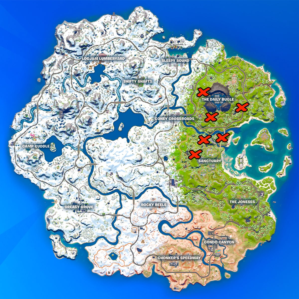 Tall Grass-Standorte, die auf der Karte von Fortnite Chapter 3 markiert sind