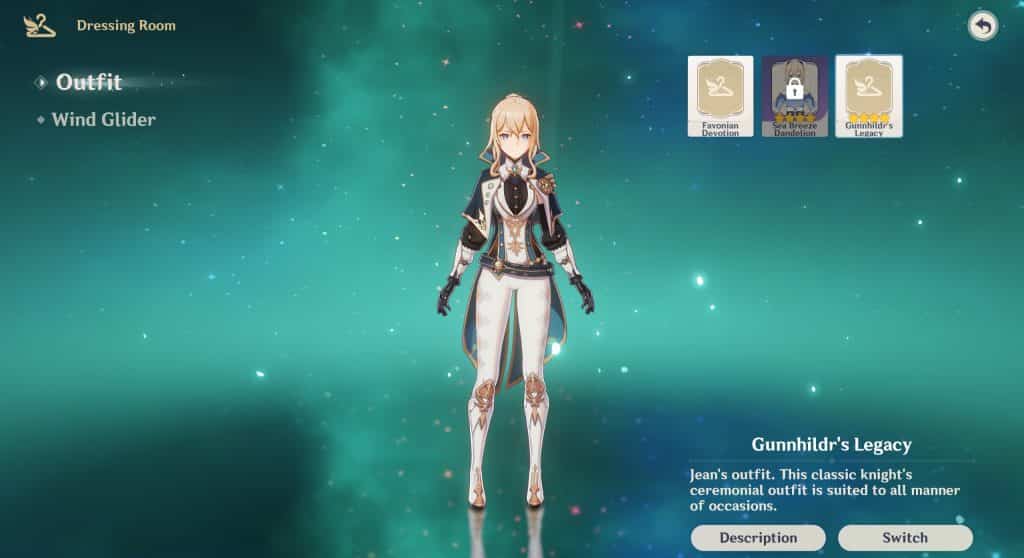 Jean Gunnhildrs Legacy-Outfit-Bildschirm in Genshin Impact