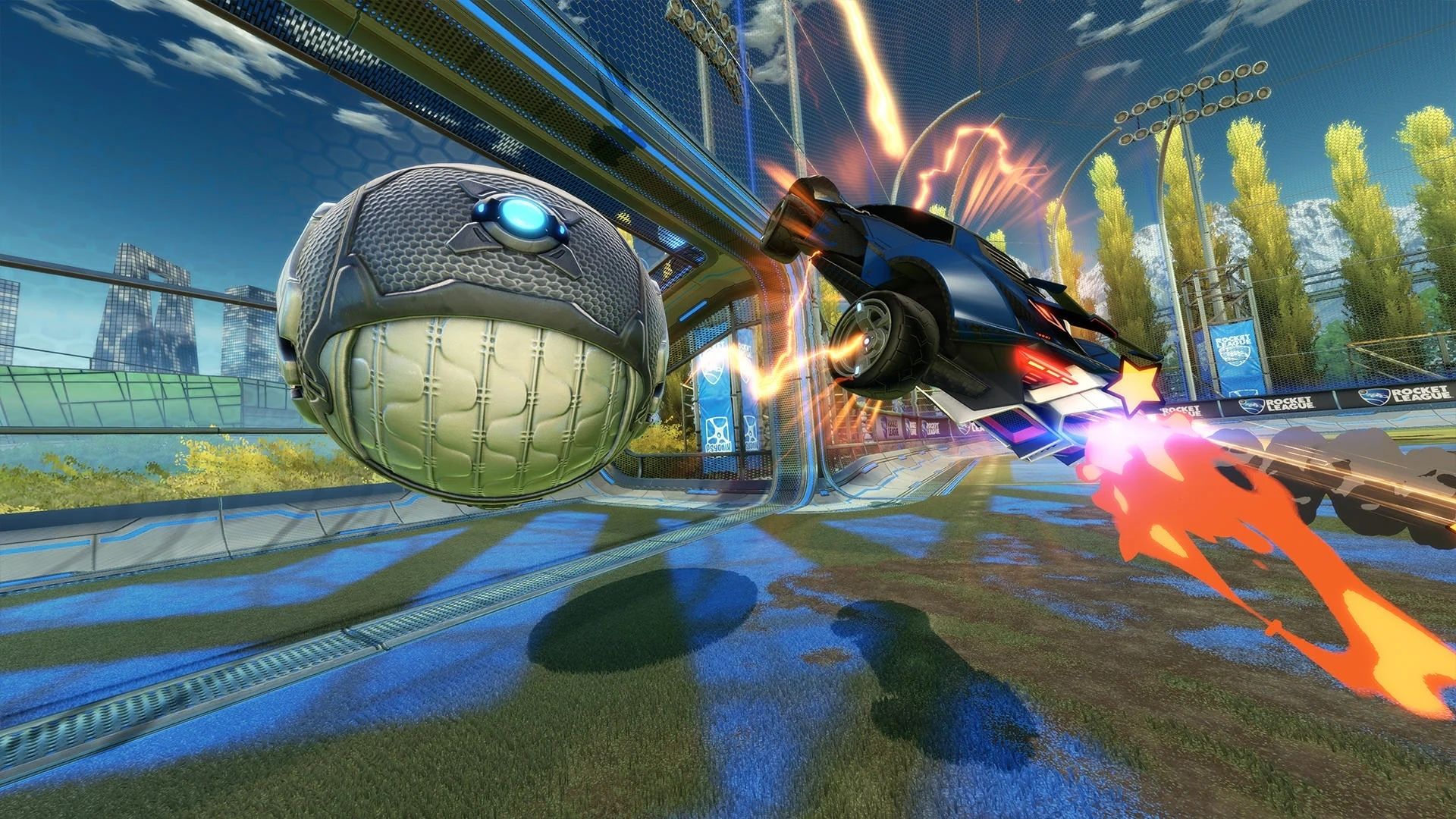 Auto schmettert Ball ins Tor in der Rocket League