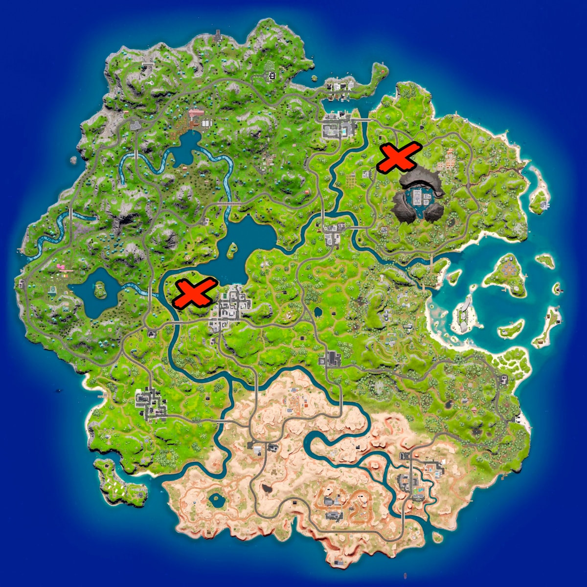 Klombo-Spawn-Standorte, die auf der Karte von Fortnite Chapter 3 markiert sind