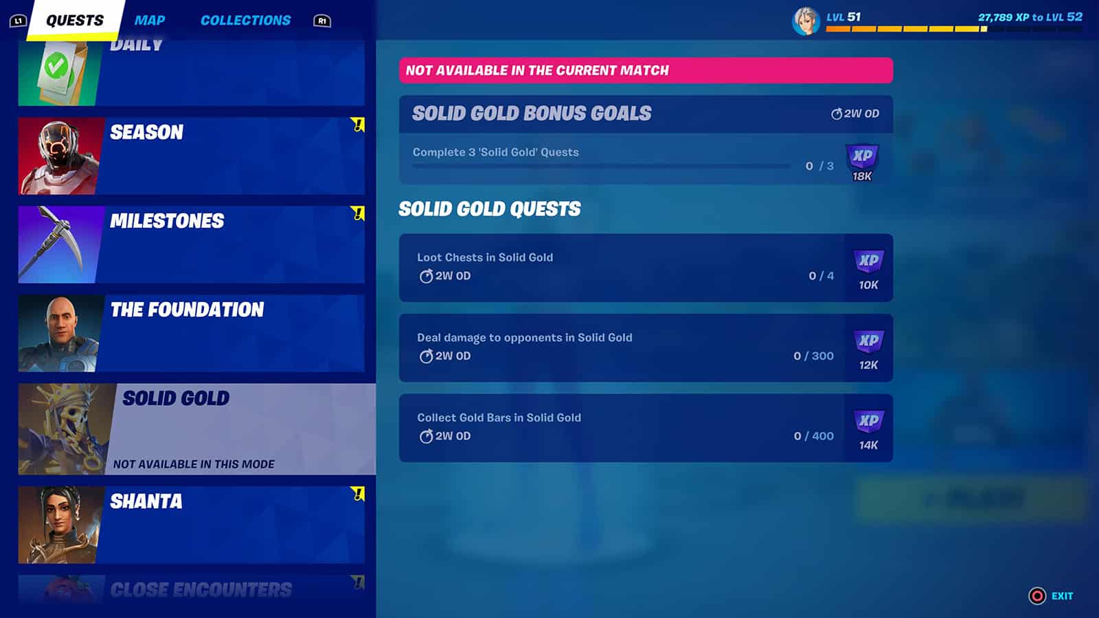 Ein Menü, das die Solid Gold-Quests in Fortnite zeigt