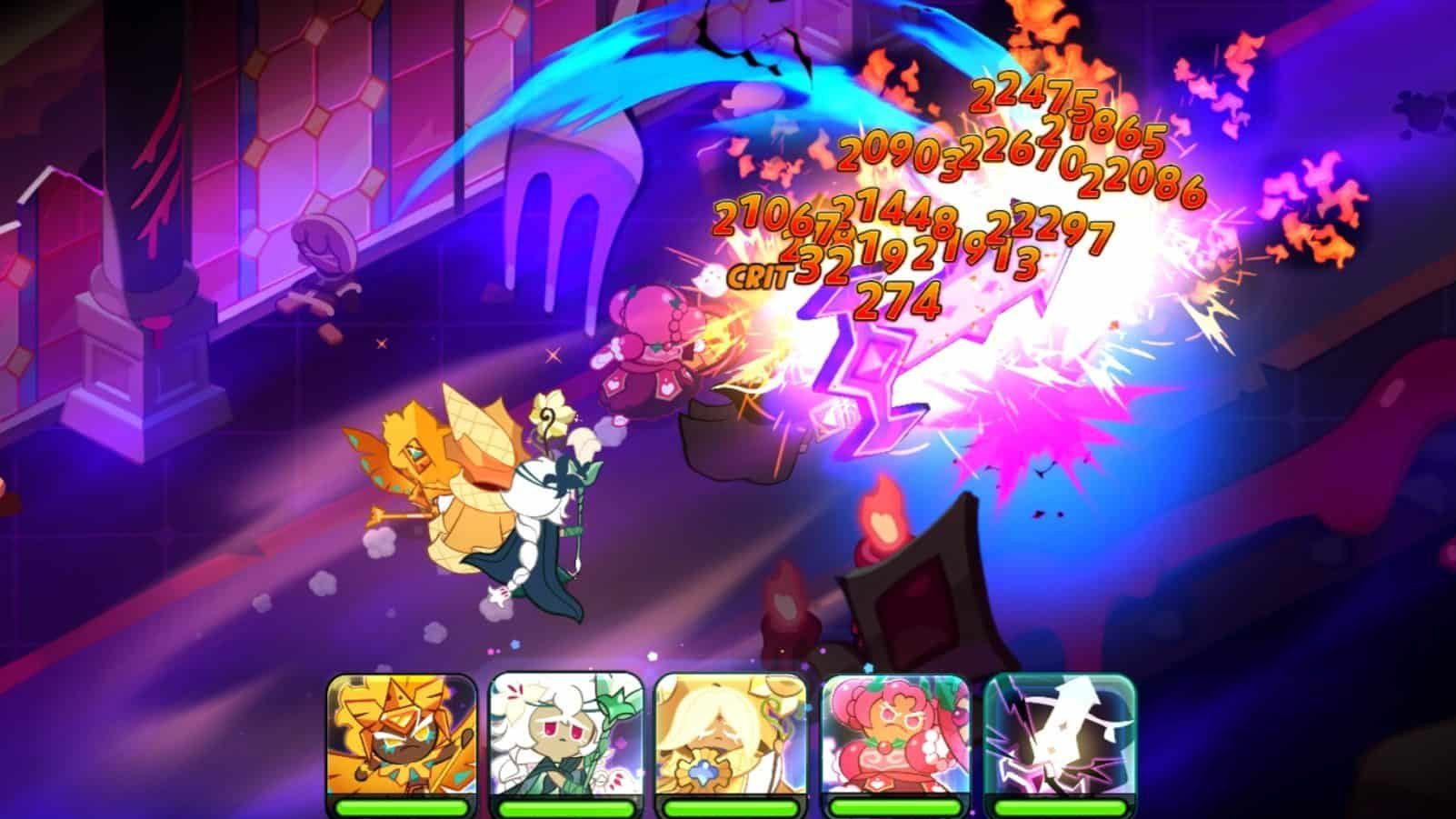 Screenshot eines Kampfes zwischen legendären Charakteren und Kuchenmonstern in Cookie Run: Kingdom