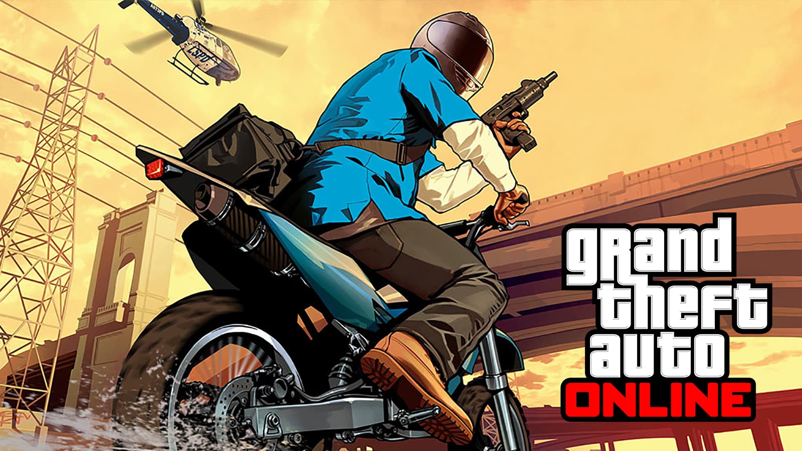 Ein Bild des GTA Online-Logos und Artworks mit einem Spieler auf einem Motorrad