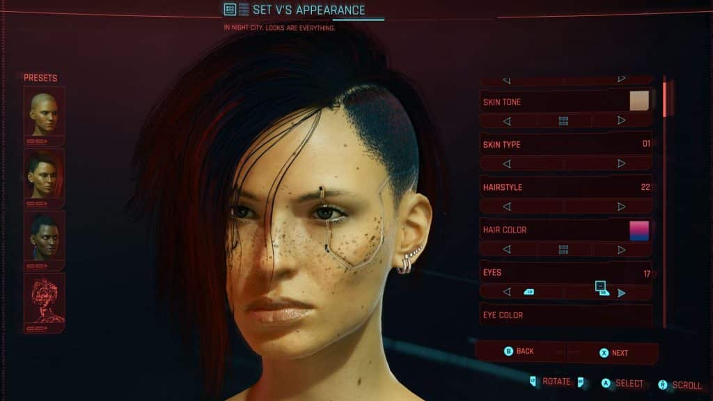 Cyberpunk 2077-Charakter im Anpassungsmenü