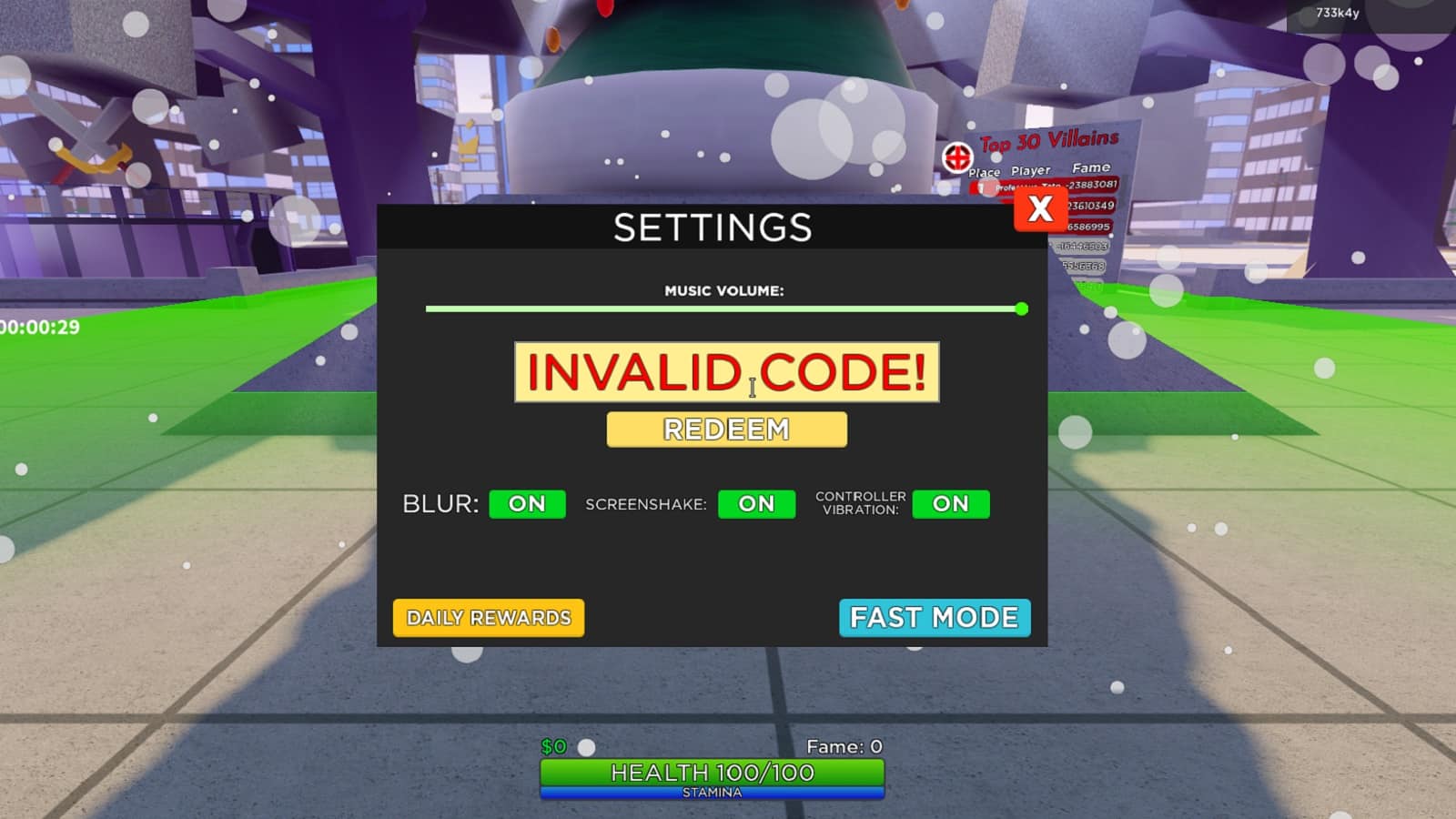 Screenshot der Code-Einlösungsseite in Heroes Legacy auf Roblox