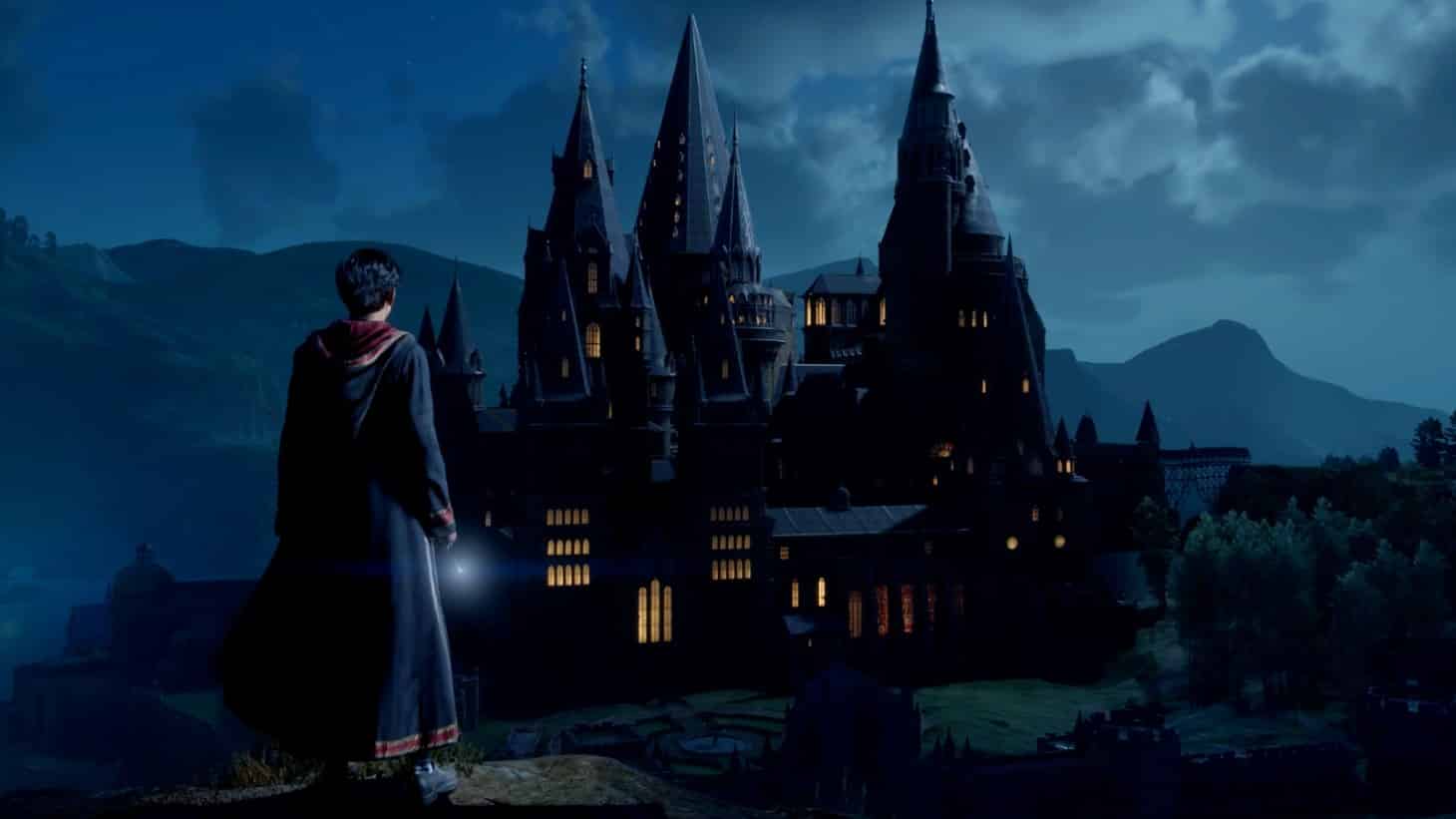 Hogwarts Legacy-Spieler mit Blick auf die Hogwarts-Schule