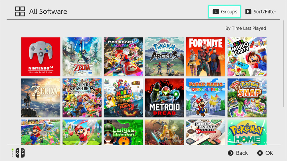 HOME-Bildschirm der Nintendo Switch-Gruppenspiele