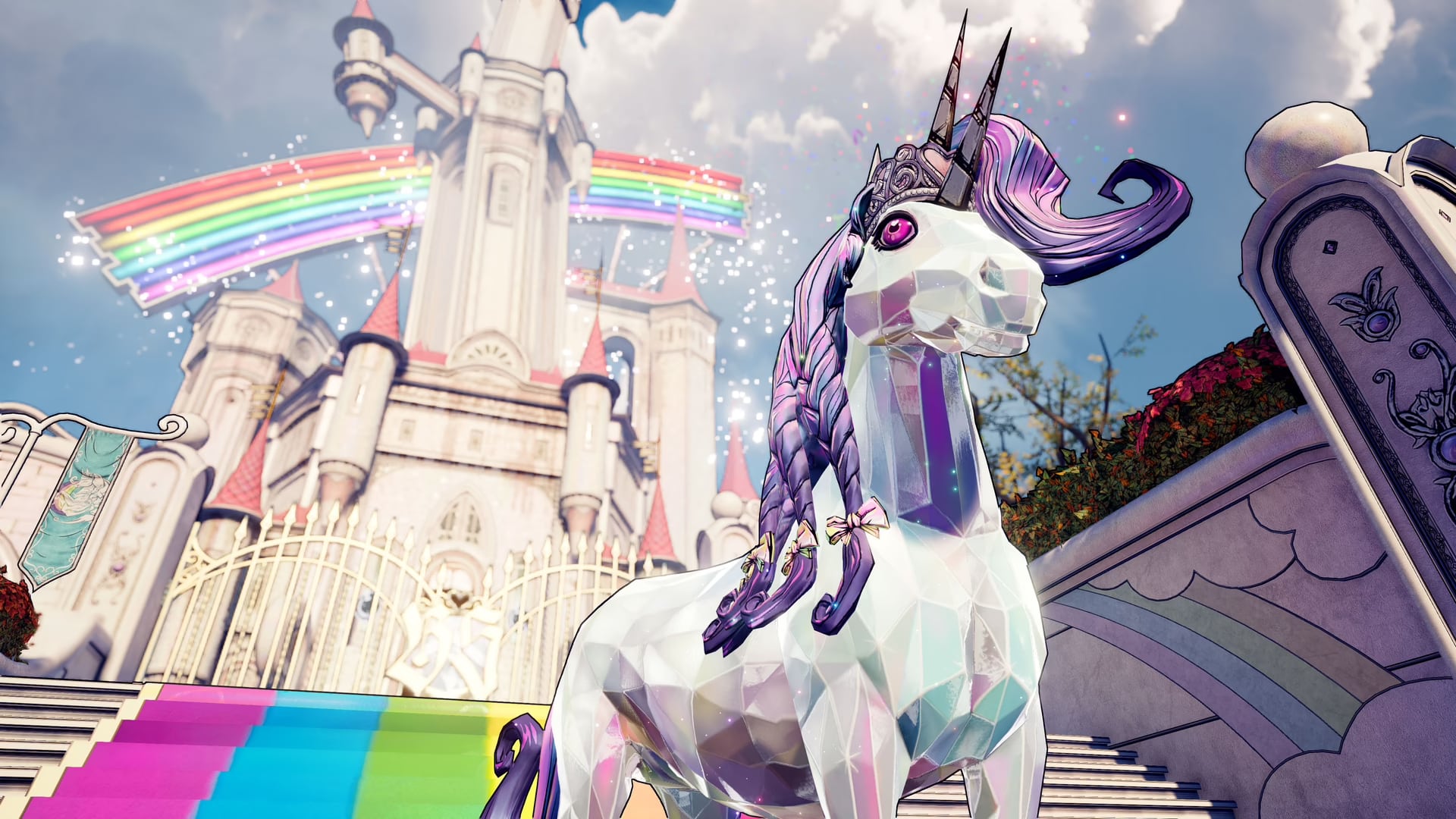 Tiny Tina's Wonderlands Einhorn steht vor dem Palast im Regenbogen-Disney-Stil