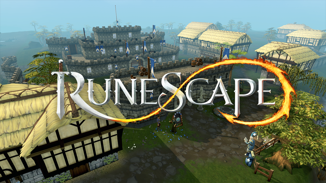 Runescape-Logo vor dem Schloss von Lumbridge