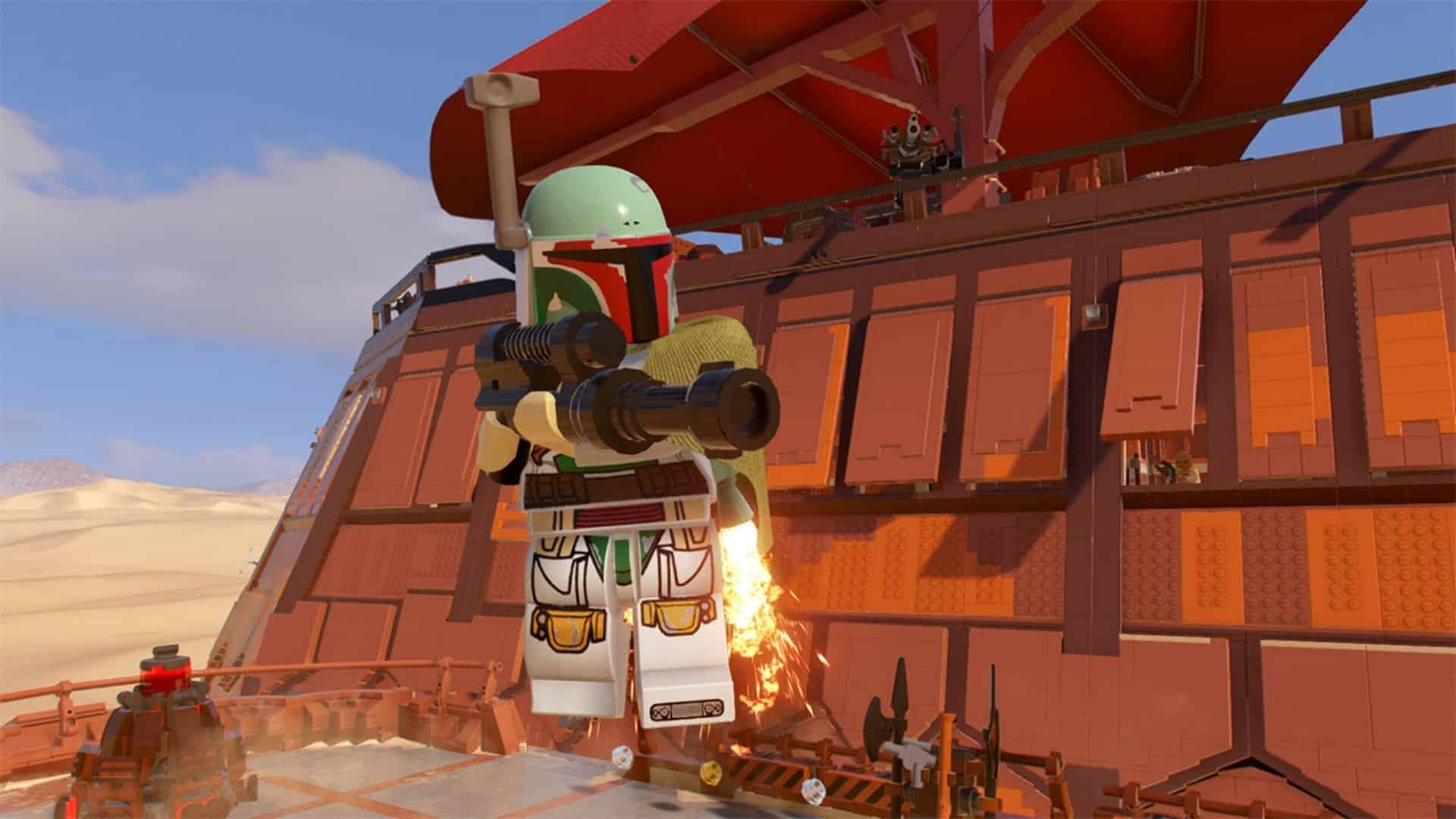 Boba Fet fliegt in der Lego Skywalker Saga durch die Luft