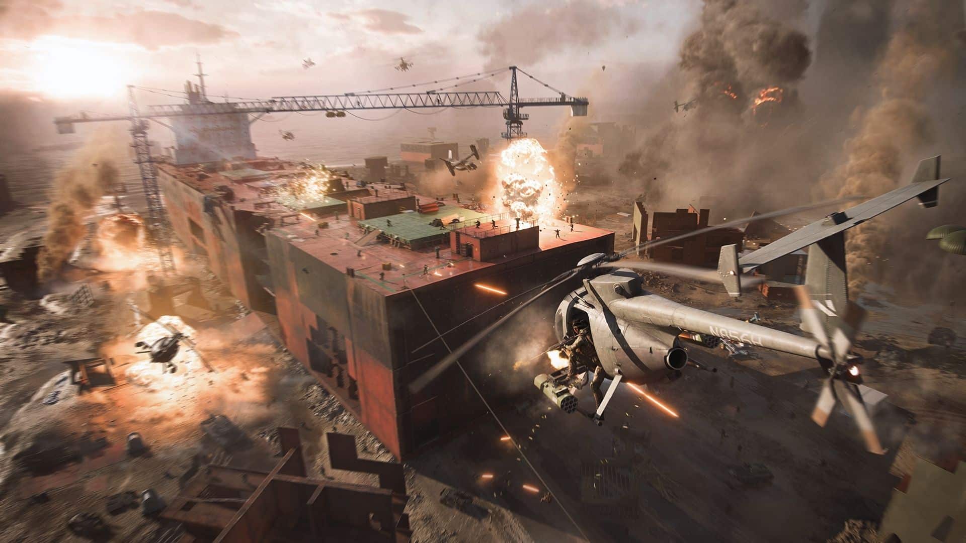 Hubschrauber feuert Raketen auf Gebäude auf dem Schlachtfeld 2042
