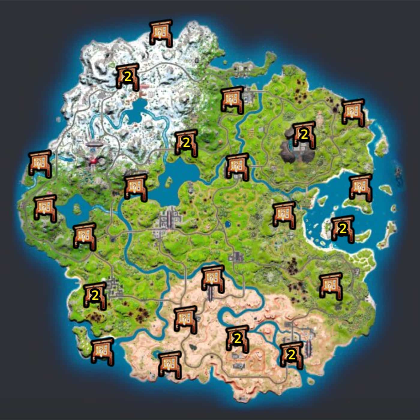 Jeder Bounty Board-Standort, der auf der Karte von Fortnite Chapter 3 markiert ist