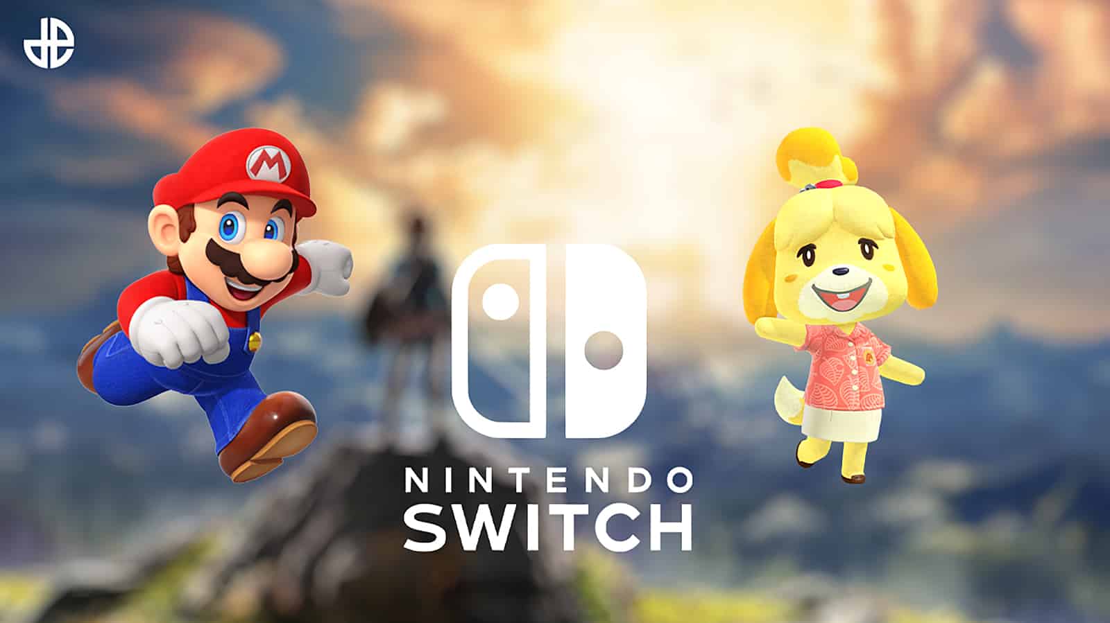 Ein Bild des Nintendo Switch-Logos mit einem verschwommenen Hintergrund aus Link und anderen Nintendo-Spielcharakteren