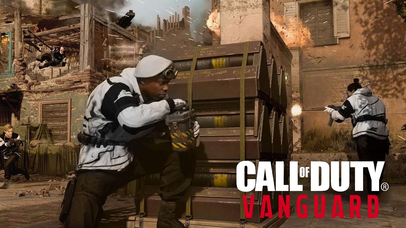 Vanguard CDL-Skin-Operator platziert Bombe in Search and Destroy, mit Vanguard-Logo in der Ecke