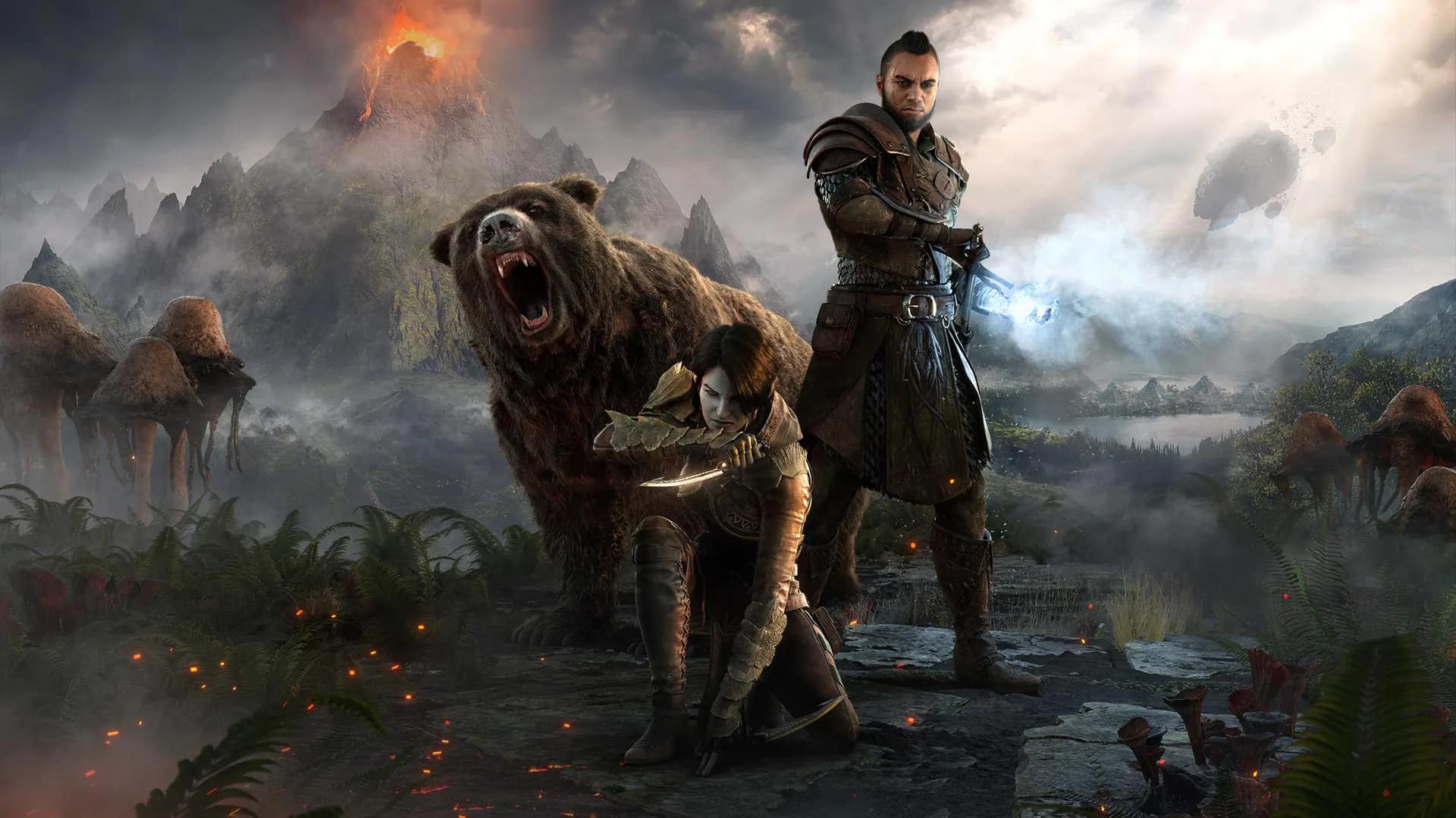 Elder Scrolls Online Eso Attentäter und Magier stehen mit Braunbär