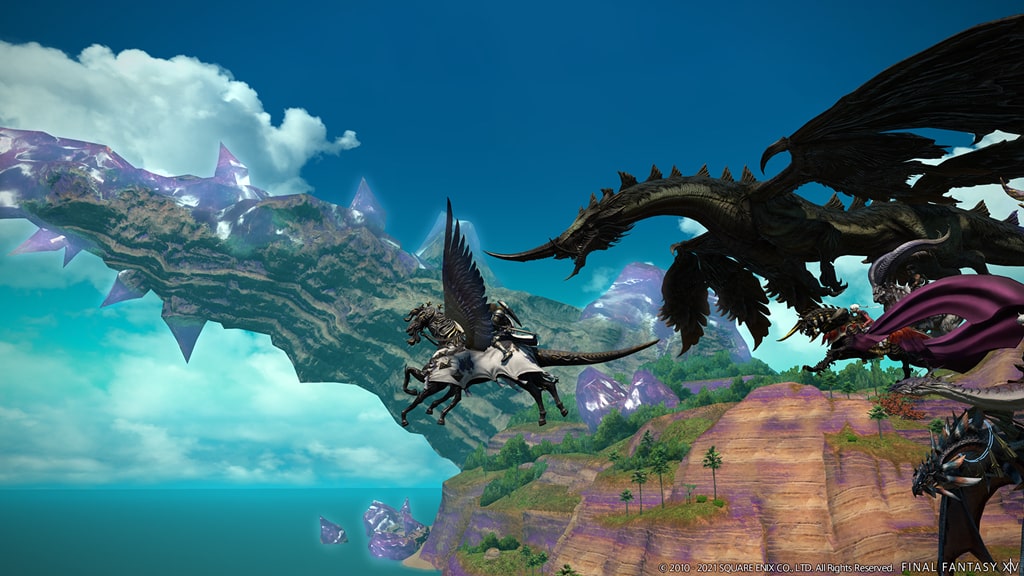 final fantasy xiv online ffxiv spieler reiten auf einem pegasus-mount über eine riesige schlucht mit einem see