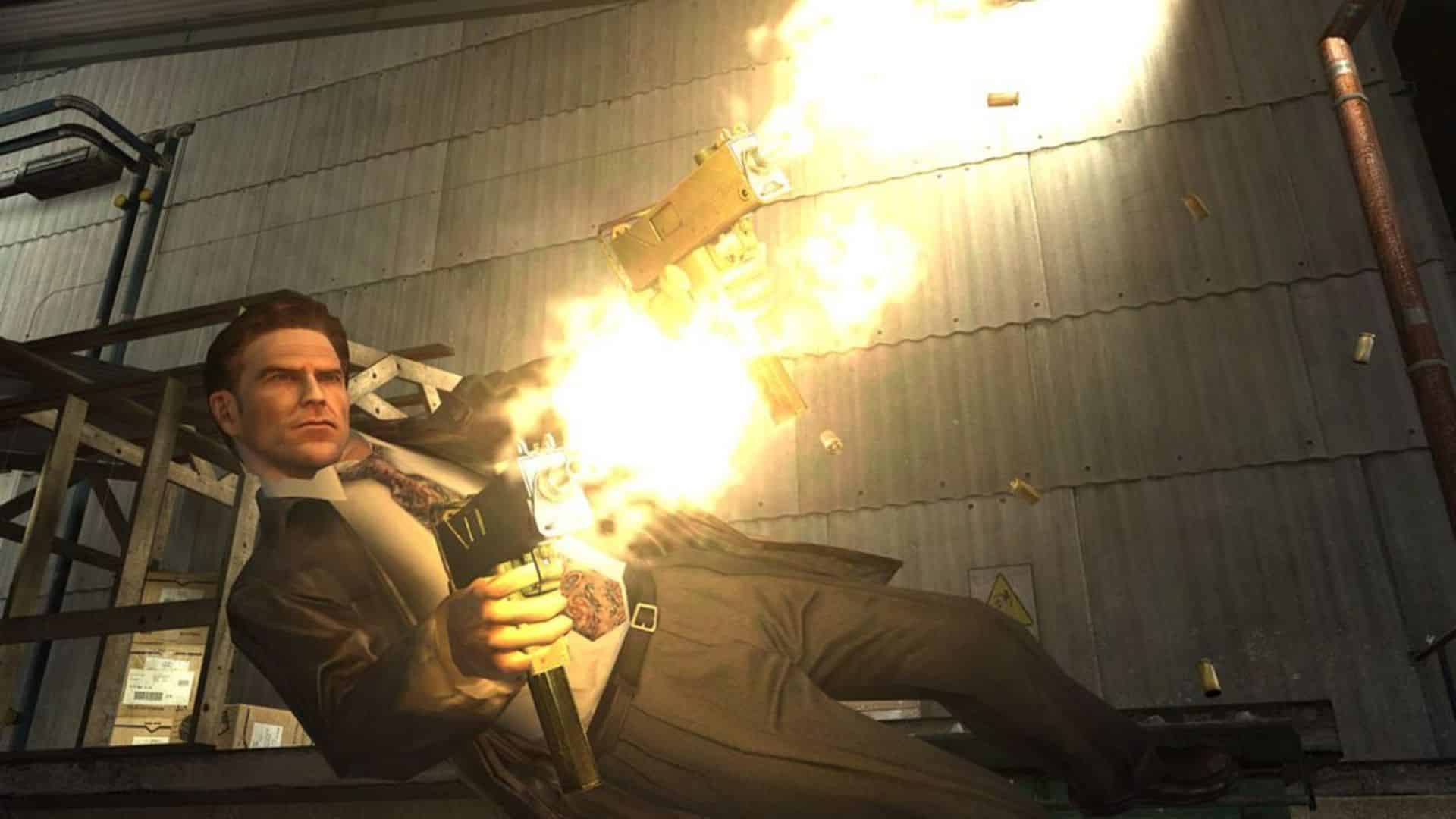 Max Payne taucht zu Boden, während er mit Waffen schießt
